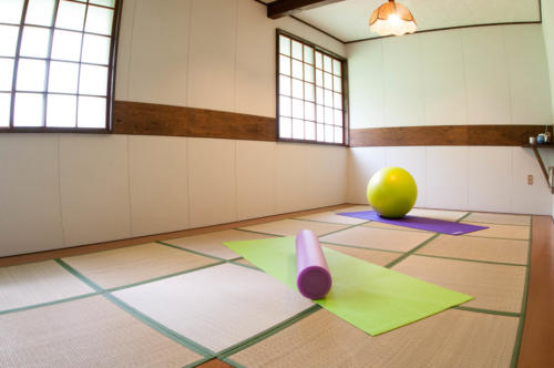Yoga mat, swiss ball and roller available for your exercises
